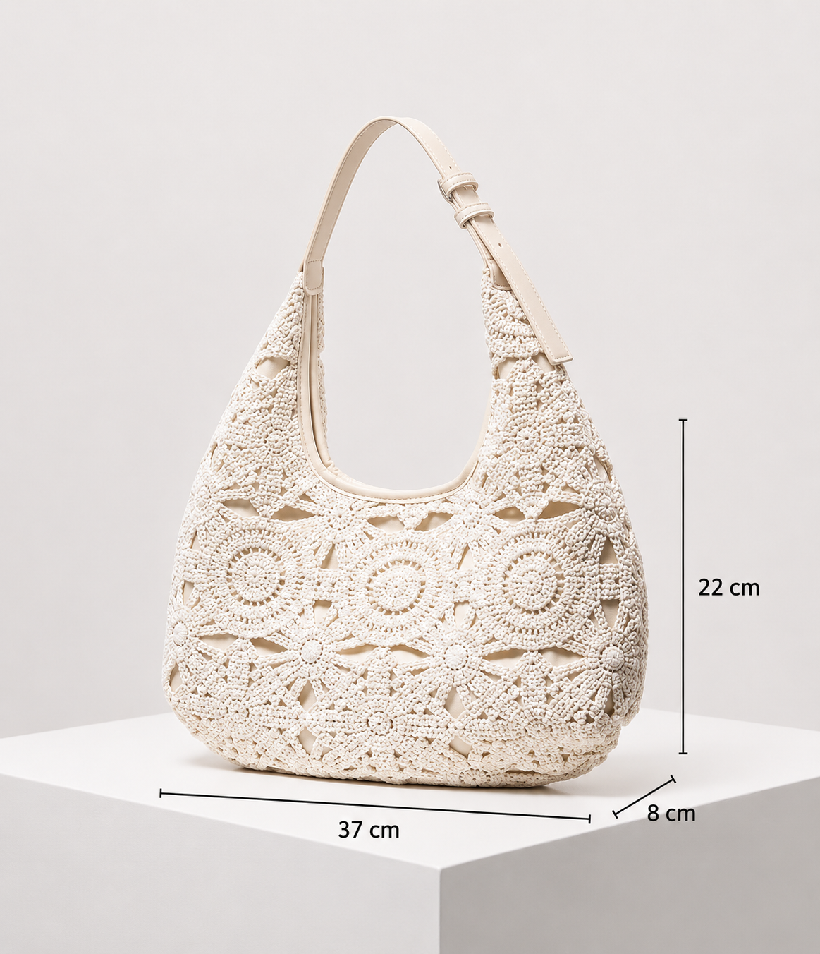 Creme Damen-Handtasche – Gehäkelte Boho-Schultertasche mit Blumenmuster