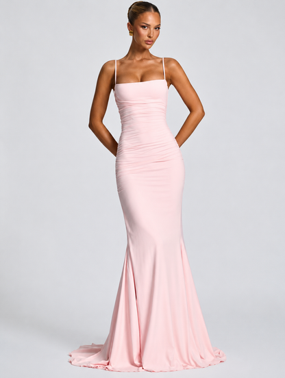 Elegantes Maxikleid mit Raffungen –  Dunkel Rot &  Rosa
