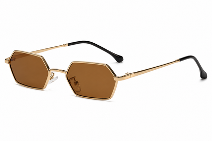 Damen Sonnenbrille Hexagon – Goldene Metallfassung mit schwarzen Gläsern
