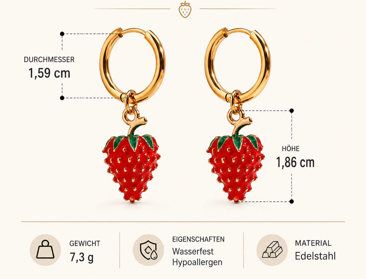 Goldene Creolen mit Erdbeer-Anhänger