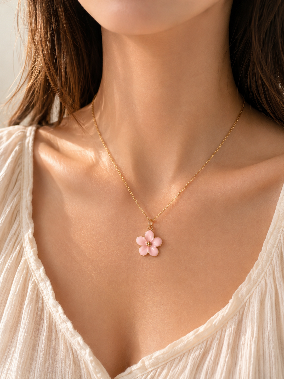 Blumen Halskette Gold – Rosa Blüten Anhänger | Elegante Damenkette