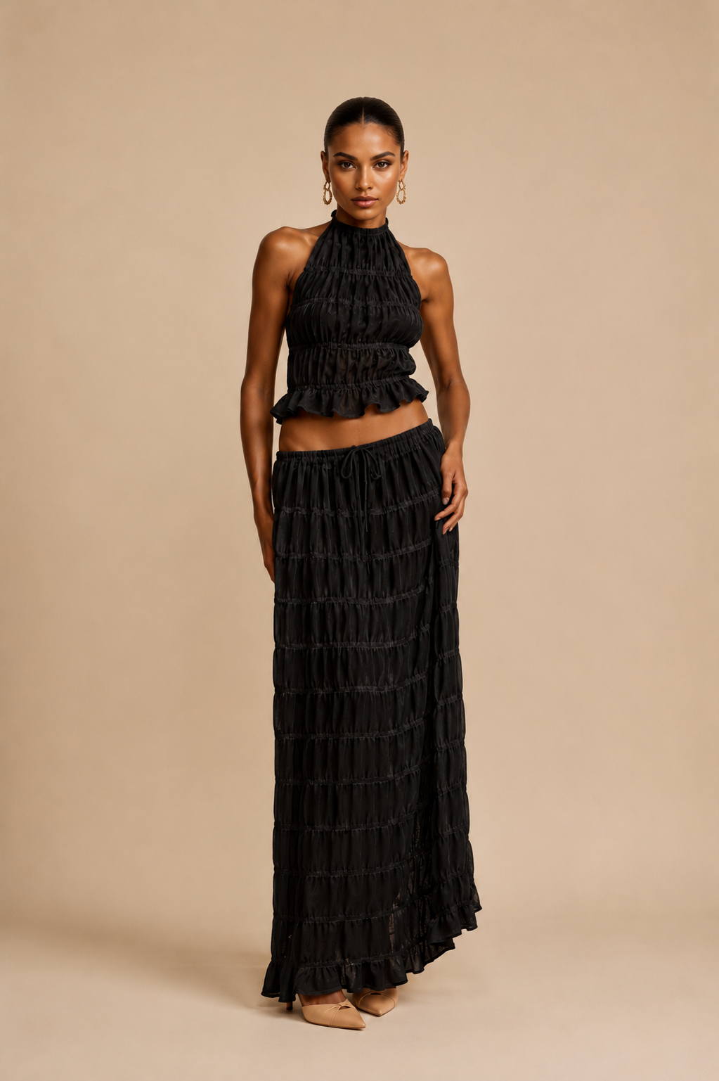 Eleganter Damen Zweiteiler mit gerafftem Top und Maxirock – 5 Farben