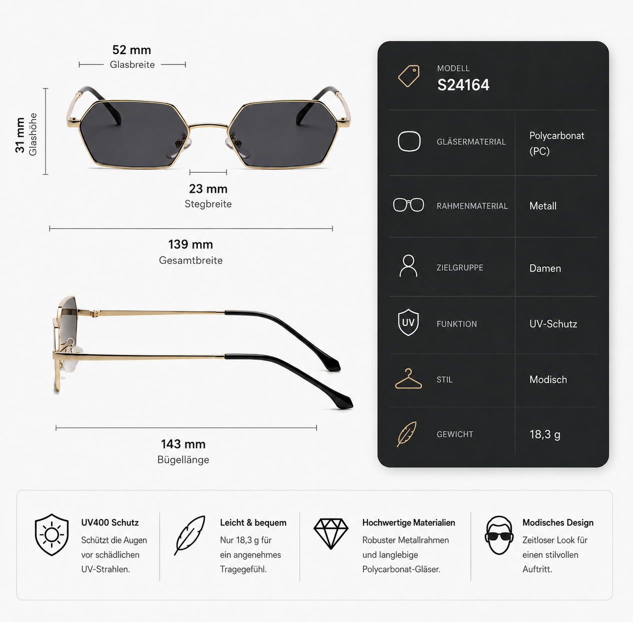 Damen Sonnenbrille Hexagon – Goldene Metallfassung mit schwarzen Gläsern