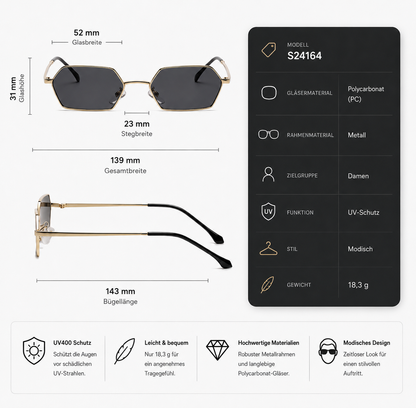 Damen Sonnenbrille Hexagon – Goldene Metallfassung mit schwarzen Gläsern
