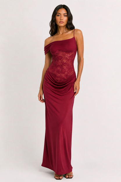 One-Shoulder-Maxikleid mit transparenter Spitze - 3 Farben