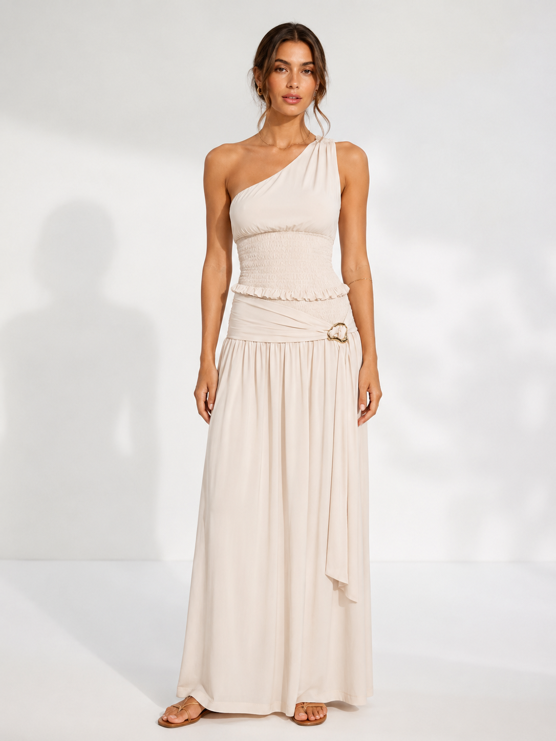One-Shoulder Zweiteiler in Khaki mit Maxirock