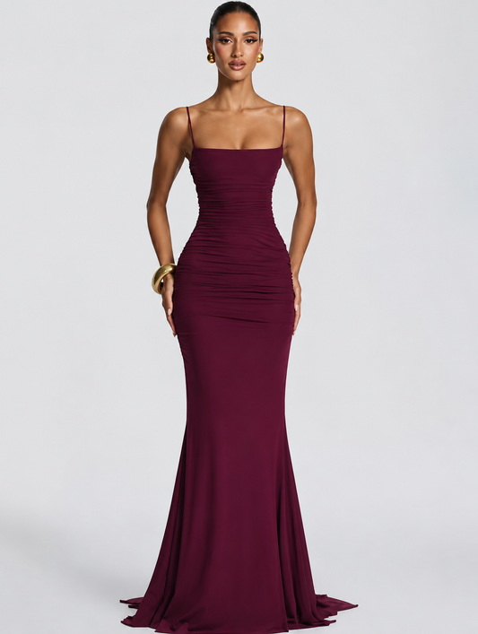 Elegantes Maxikleid mit Raffungen –  Dunkel Rot &  Rosa