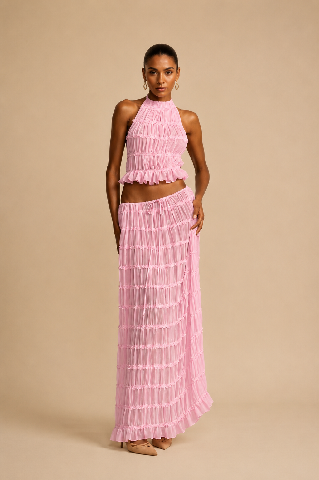 Eleganter Damen Zweiteiler mit gerafftem Top und Maxirock – 5 Farben