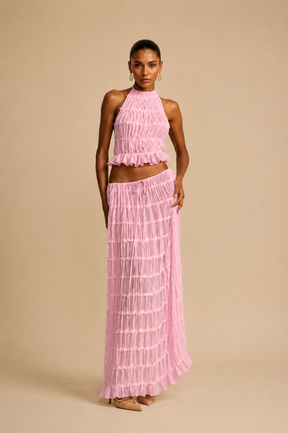 Eleganter Damen Zweiteiler mit gerafftem Top und Maxirock – 5 Farben