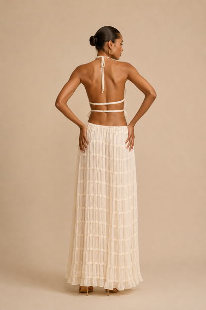 Eleganter Damen Zweiteiler mit gerafftem Top und Maxirock – 5 Farben