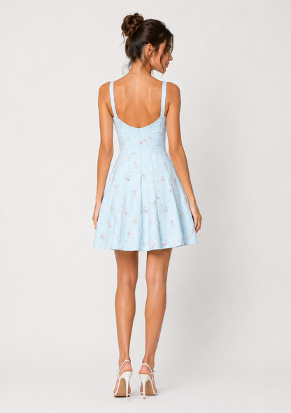 Himmelblaues Blumen-Minikleid mit Cut-out