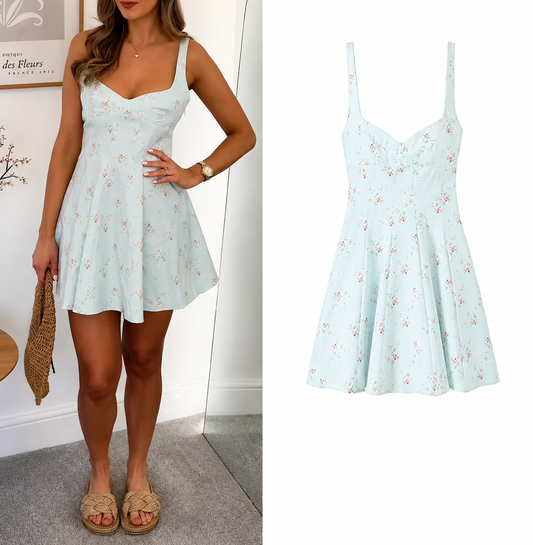 Himmelblaues Blumen-Minikleid mit Cut-out