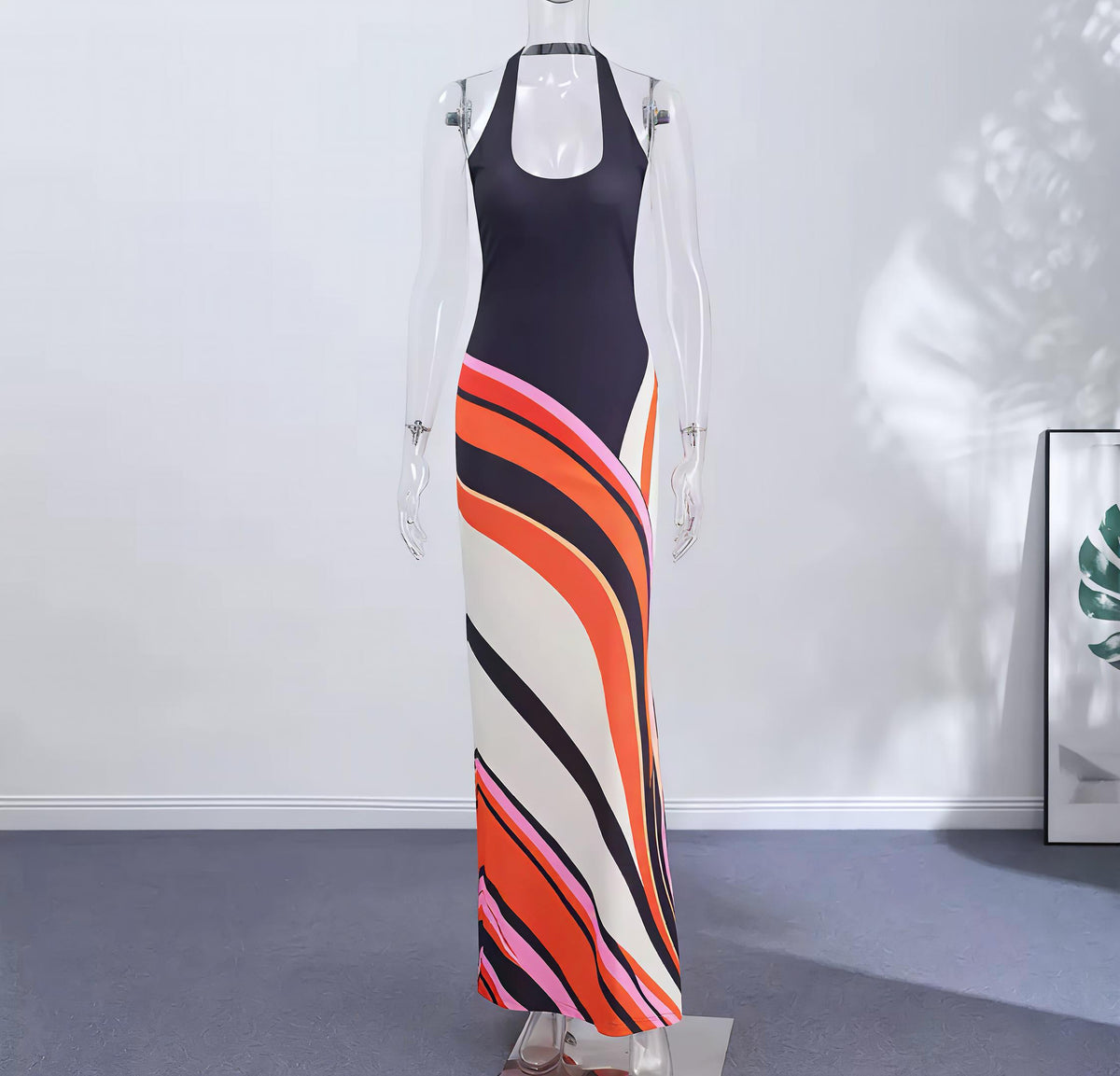Damen Maxikleid mit Halterneck und Wellenmuster