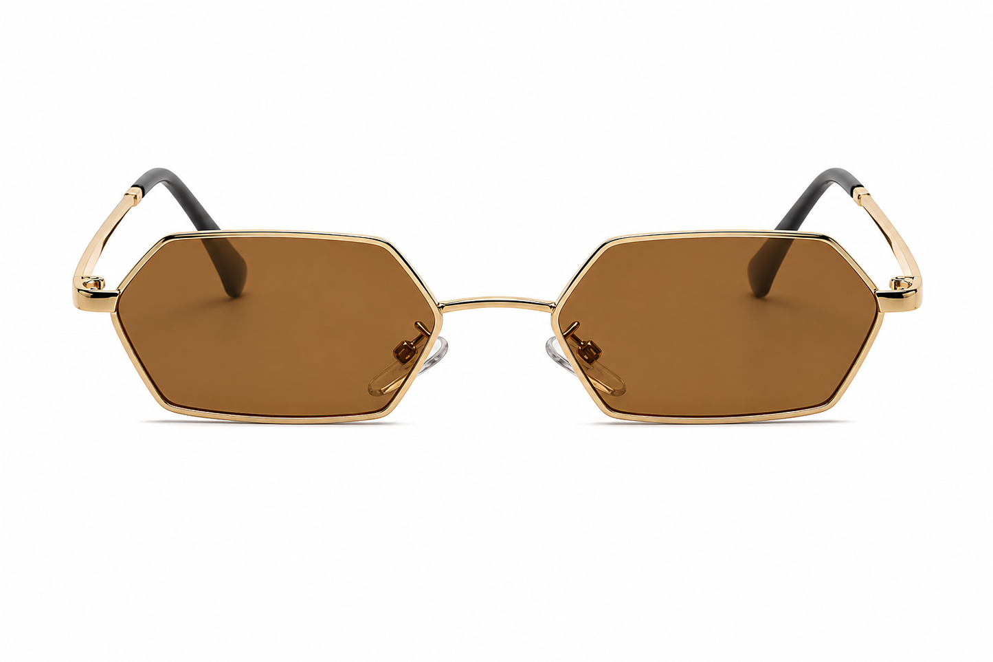 Damen Sonnenbrille Hexagon – Goldene Metallfassung mit schwarzen Gläsern