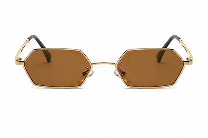 Damen Sonnenbrille Hexagon – Goldene Metallfassung mit schwarzen Gläsern