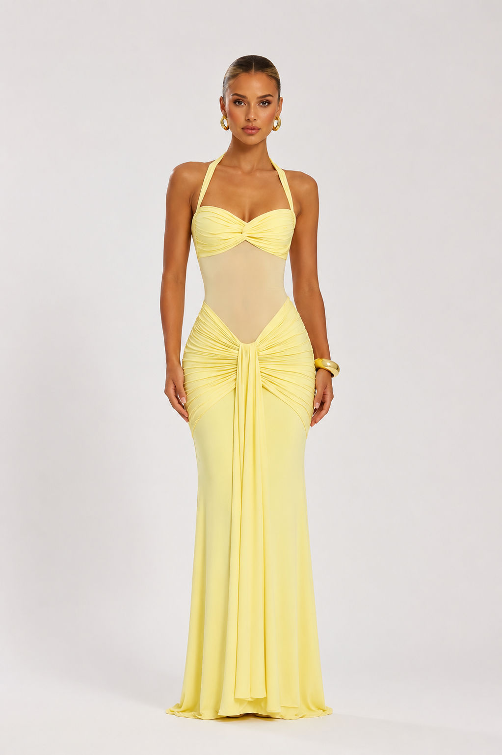 Elegantes Maxikleid mit Mesh-Detail & Raffungen – 3 Farben