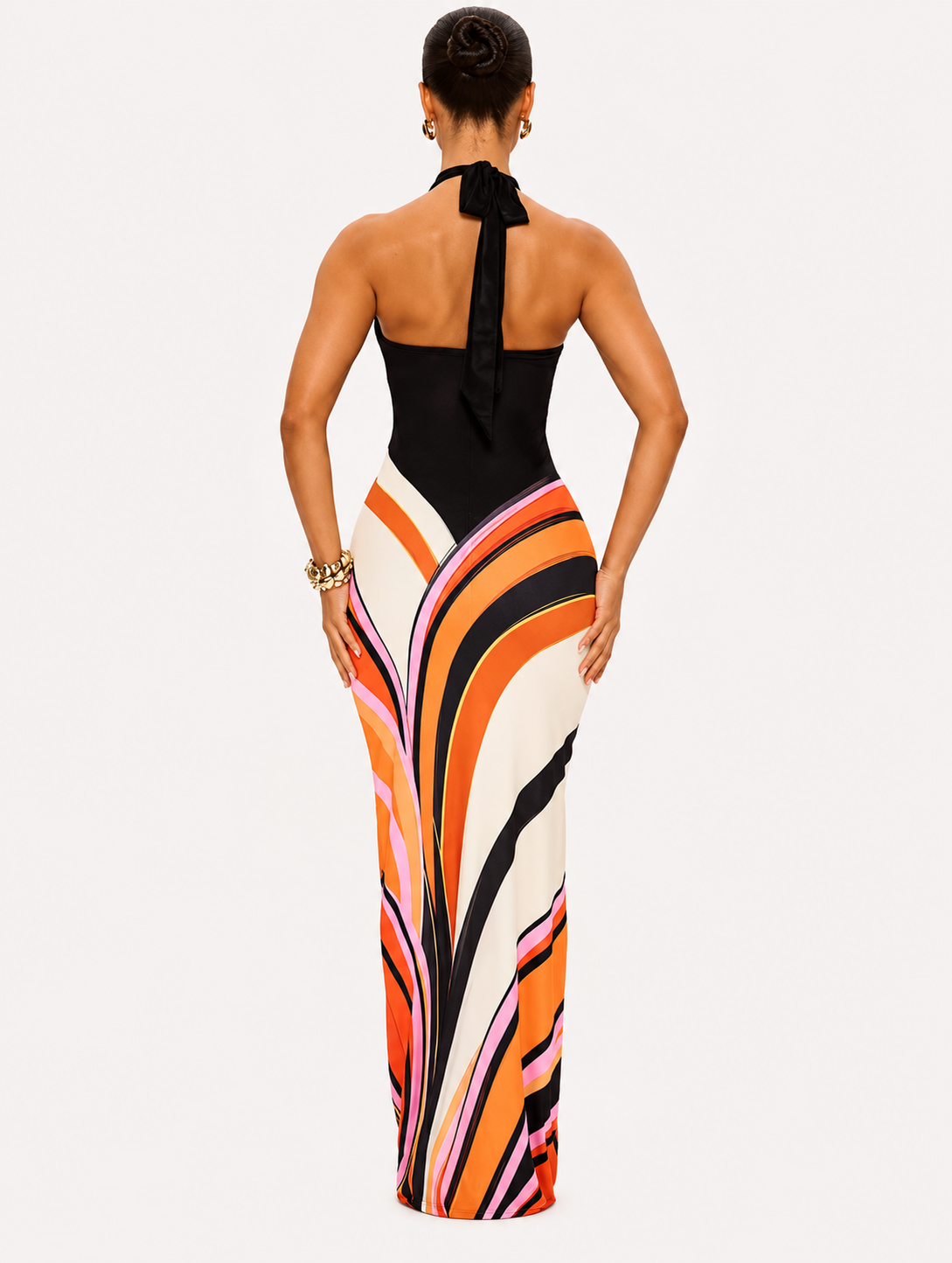Damen Maxikleid mit Halterneck und Wellenmuster
