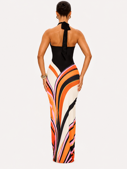 Damen Maxikleid mit Halterneck und Wellenmuster