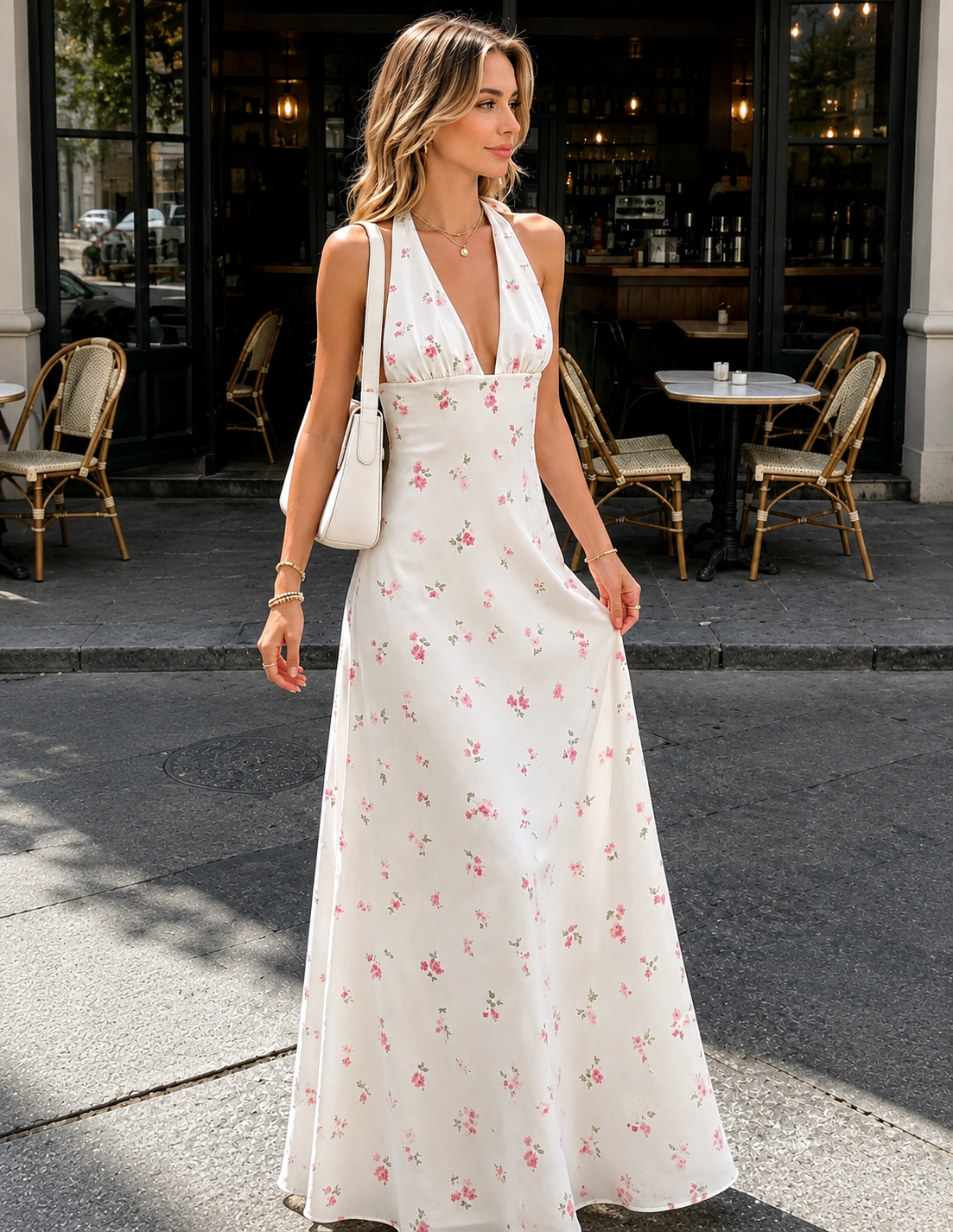 Weißes Maxikleid mit zartem Blumenprint