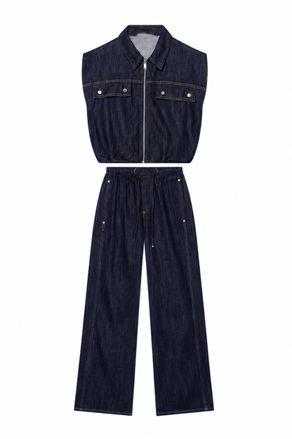 Denim-Zweiteiler mit Weste und Wide-Leg-Hose