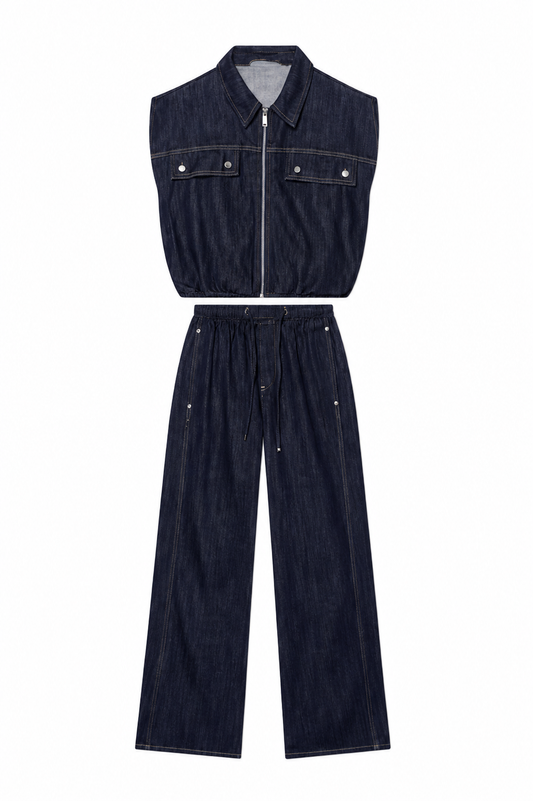 Denim-Zweiteiler mit Weste und Wide-Leg-Hose