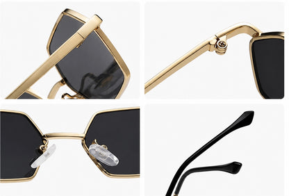 Damen Sonnenbrille Hexagon – Goldene Metallfassung mit schwarzen Gläsern