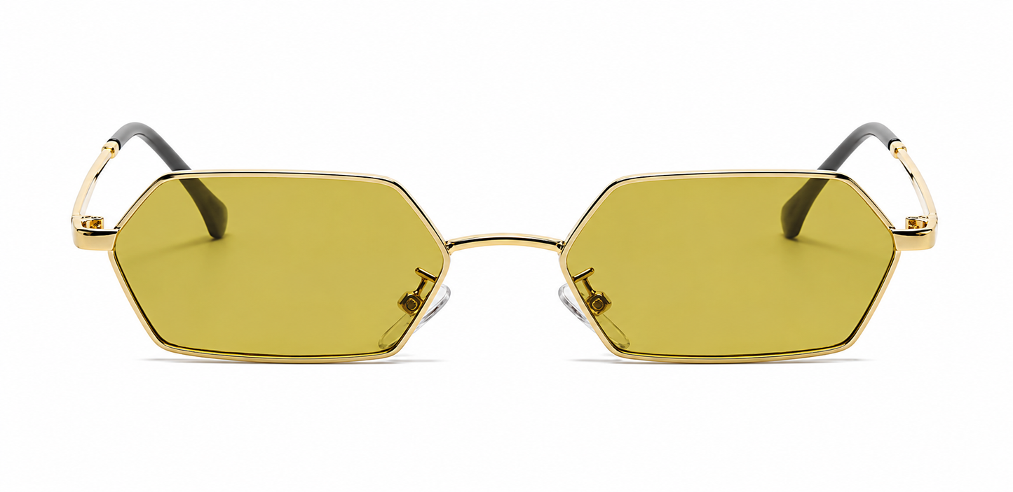 Damen Sonnenbrille Hexagon – Goldene Metallfassung mit schwarzen Gläsern
