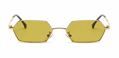 Damen Sonnenbrille Hexagon – Goldene Metallfassung mit schwarzen Gläsern
