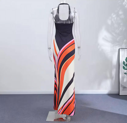 Damen Maxikleid mit Halterneck und Wellenmuster