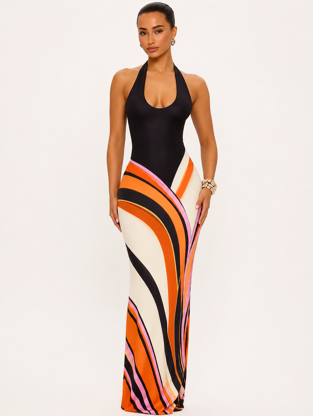 Damen Maxikleid mit Halterneck und Wellenmuster