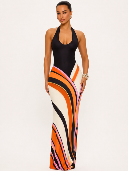 Damen Maxikleid mit Halterneck und Wellenmuster