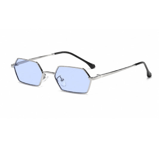 Damen Hexagon Sonnenbrille Silber – Geometrische Metallfassung mit blauen Gläsern