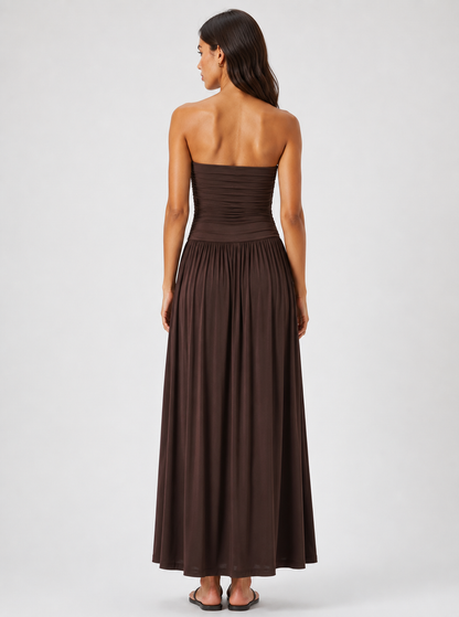 Schulterfreies Maxi-Kleid in Schokobraun