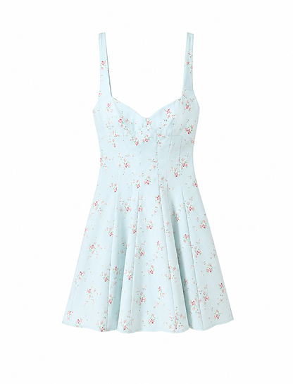 Himmelblaues Blumen-Minikleid mit Cut-out
