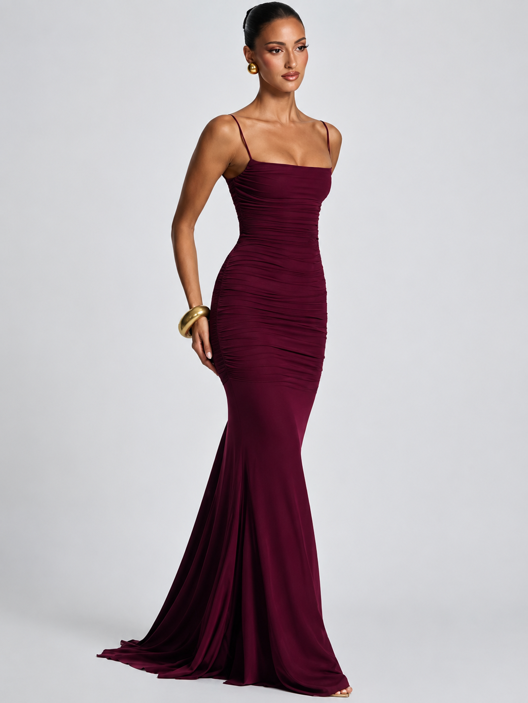 Elegantes Maxikleid mit Raffungen –  Dunkel Rot &  Rosa