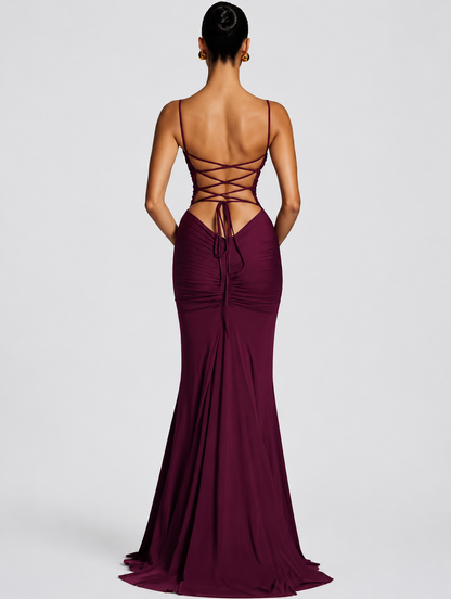 Elegantes Maxikleid mit Raffungen –  Dunkel Rot &  Rosa