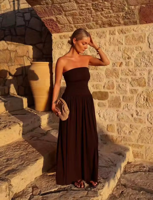 Schulterfreies Maxi-Kleid in Schokobraun