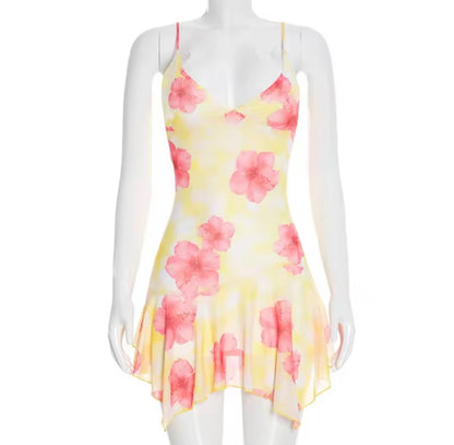 Damen Sommerkleid Gelb Rosa mit Blumenprint