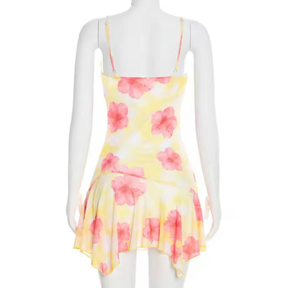Damen Sommerkleid Gelb Rosa mit Blumenprint