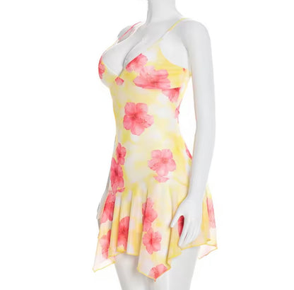 Damen Sommerkleid Gelb Rosa mit Blumenprint