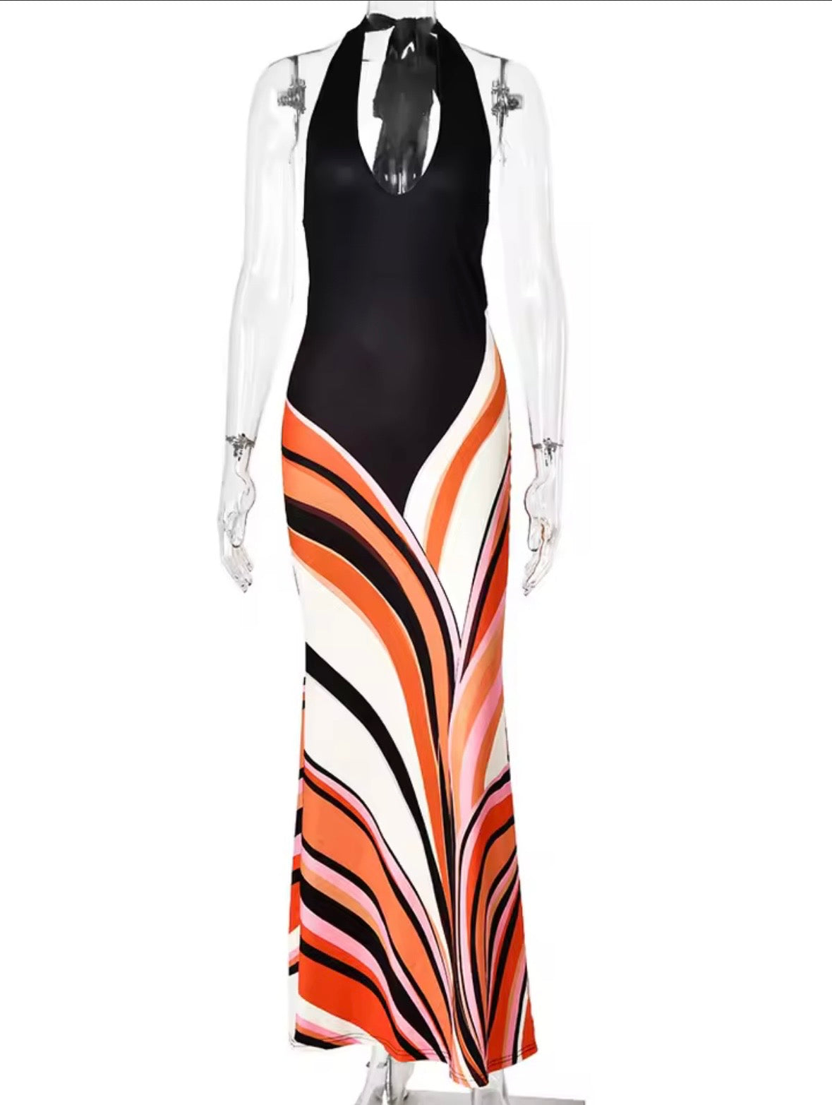 Damen Maxikleid mit Halterneck und Wellenmuster