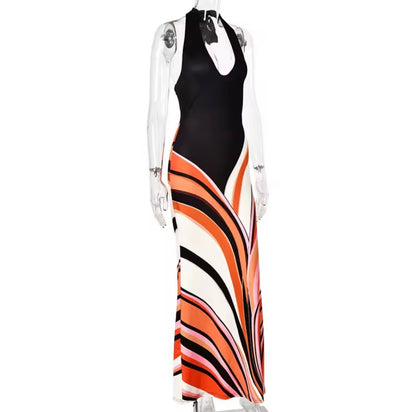 Damen Maxikleid mit Halterneck und Wellenmuster