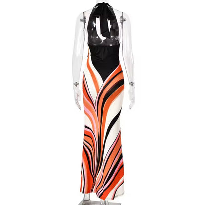 Damen Maxikleid mit Halterneck und Wellenmuster