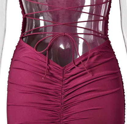 Elegantes Maxikleid mit Raffungen –  Dunkel Rot &  Rosa