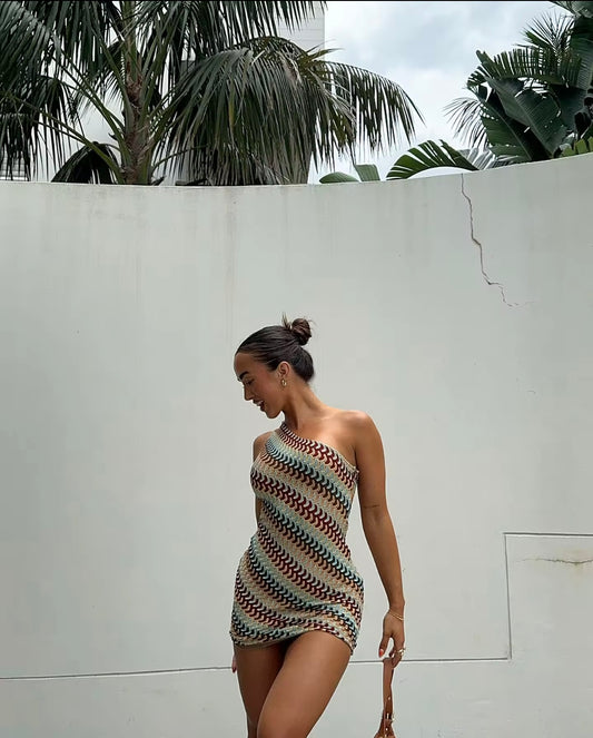 One-Shoulder Häkelkleid im Retro-Look – Multicolor