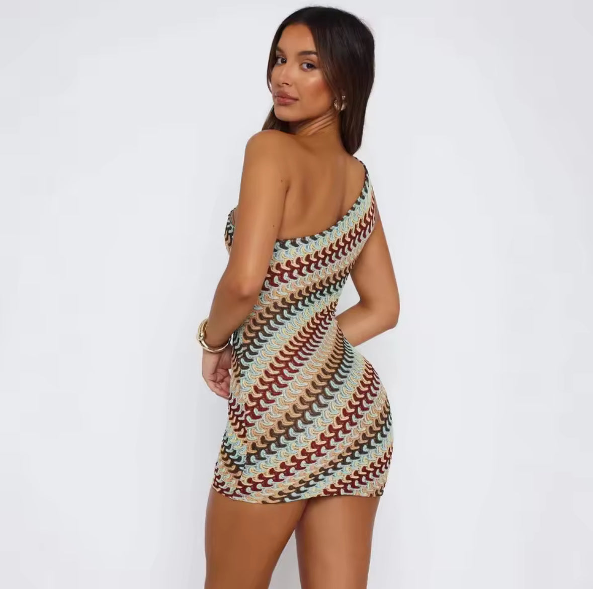 One-Shoulder Häkelkleid im Retro-Look – Multicolor