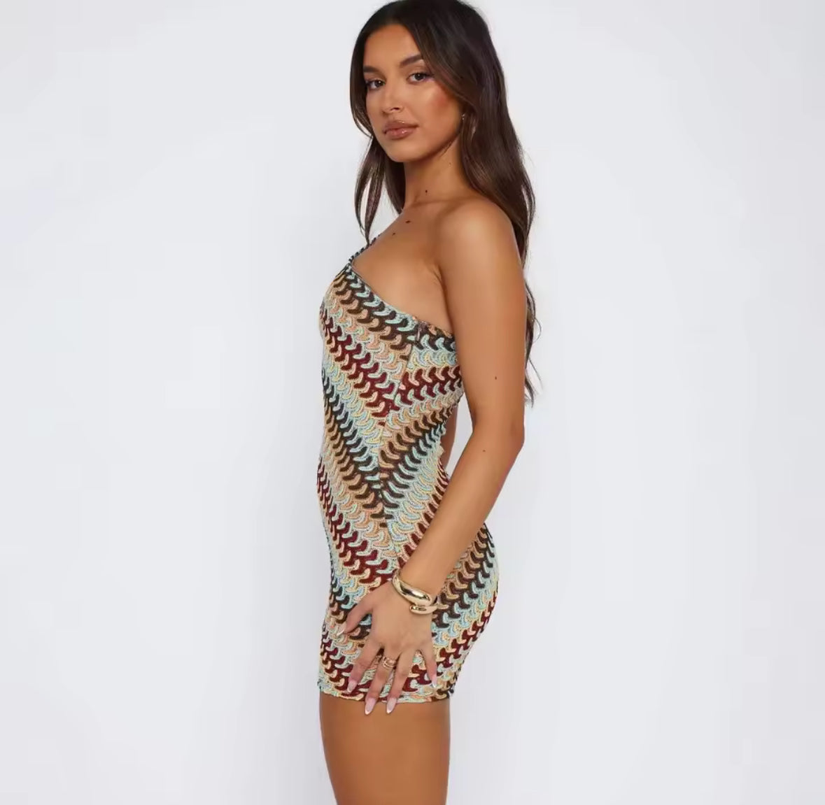 One-Shoulder Häkelkleid im Retro-Look – Multicolor