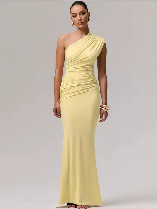 Elegantes, asymmetrisches Kleid in zartem Gelb