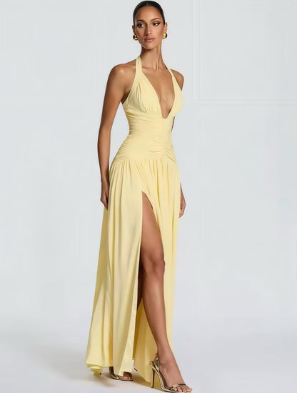 Figurbetontes Maxikleid in Gelb mit tiefem Ausschnitt