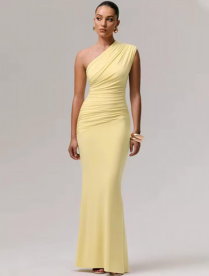 Elegantes, asymmetrisches Kleid in zartem Gelb